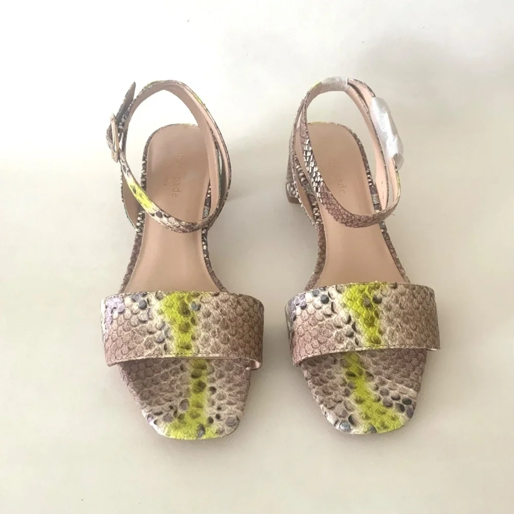 KATE SPADE Lucia Snakeskin Leather block heel Sandall Ankle strap round toe shoe